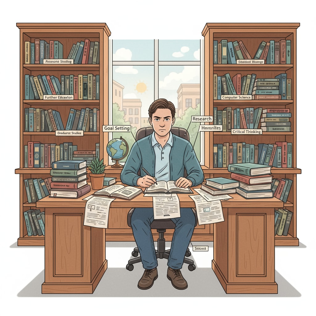 A person sitting at a desk, surrounded by books related to further education, looking focused and determined. A professional engaged in further education for career development.