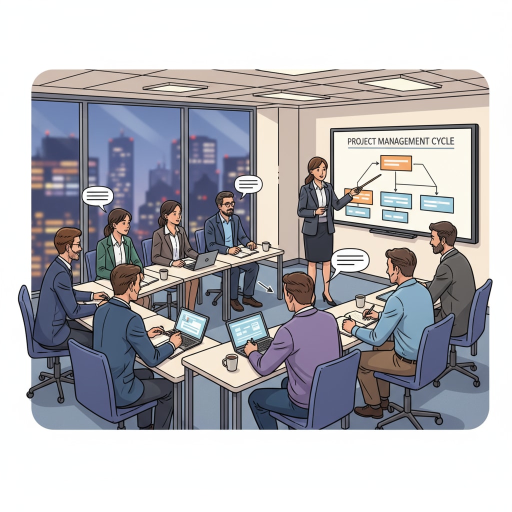 A classroom filled with working professionals attending an evening class, taking notes and interacting with the instructor. Working professionals participating in further education through part-time evening classes for career advancement.