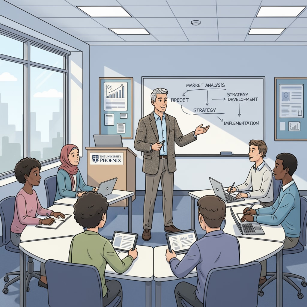 A professor is standing in front of a whiteboard in a classroom at The University of Phoenix, writing notes and explaining concepts to the students sitting at their desks. Professor teaching at The University of Phoenix for career development related free degree programs