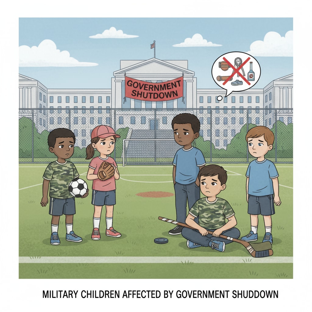 A group of military children standing around an empty sports field, looking sad because they can't do their usual sports activities due to the government shutdown. Military children disappointed about sports activity suspension during government shutdown in DODEA school