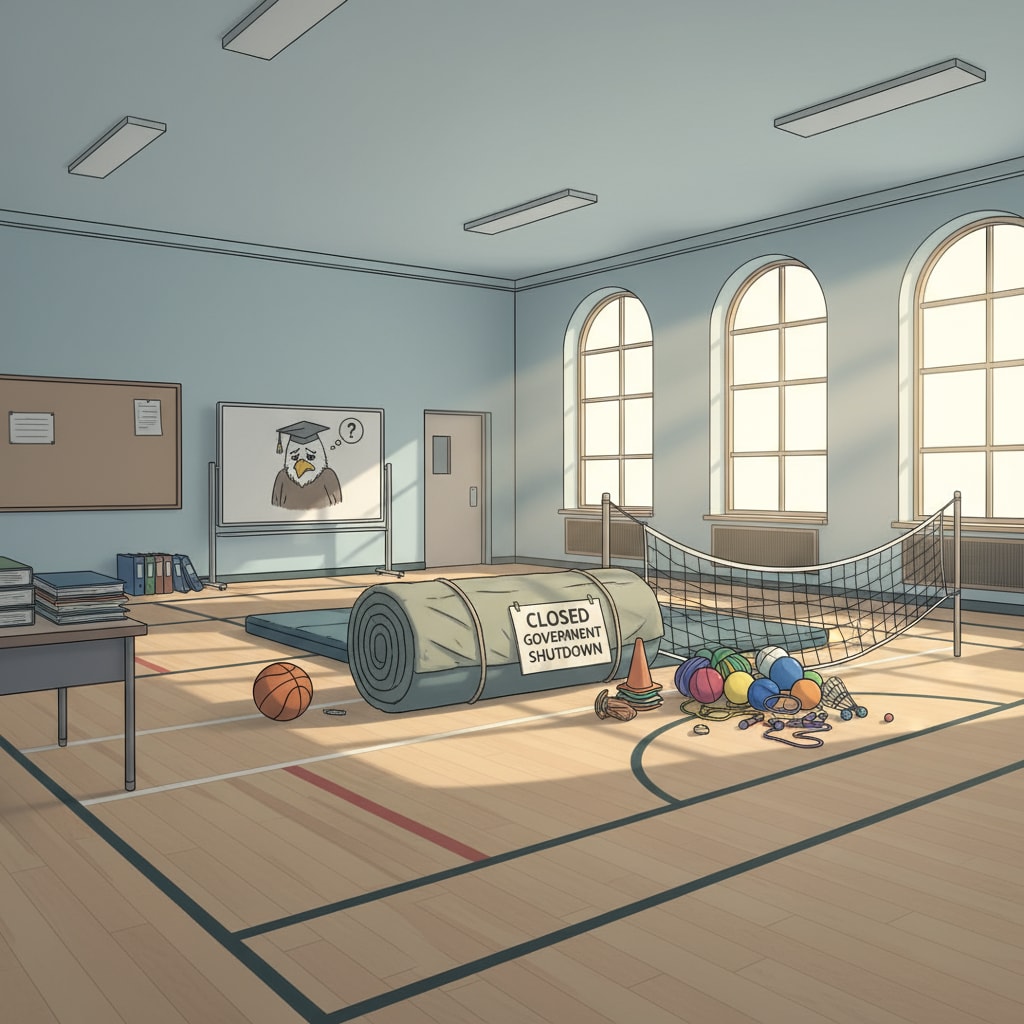 An empty activity room in a DODEA school with sports equipment left idle during the government shutdown. Closed activity room in DODEA school during government shutdown affecting military children's sports