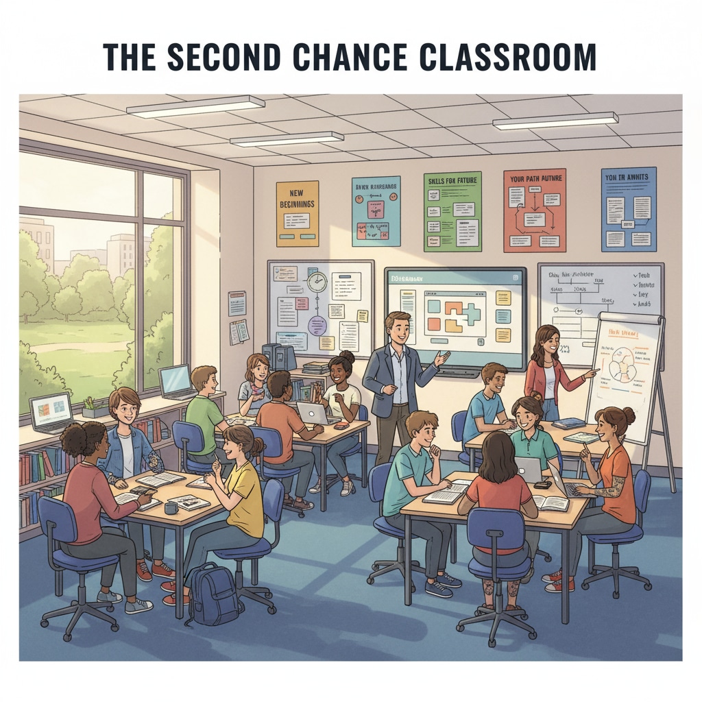 A modern UK classroom with students engaged in group study, representing the environment where dropouts can restart their learning journey. Students in a UK classroom for education recovery and university preparation