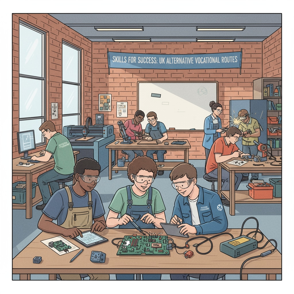 Students collaborating on a vocational project in a workshop, demonstrating one of the alternative education routes available to UK dropouts. Vocational learning for UK dropouts to make up education gap