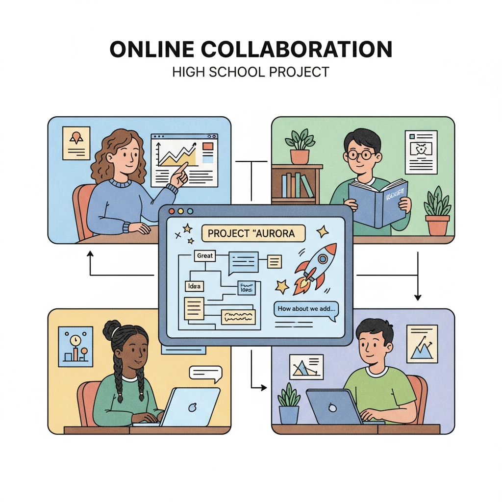 A group of students are communicating and working together on an online high school project through video conferencing. Online high school students collaborating on a project, suitable for dropouts with low income