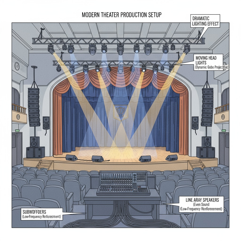 A school stage is adorned with advanced lighting and sound equipment. The lights are set to create a dramatic effect, and the sound system is ready to provide high-quality audio for the upcoming performance. School stage with technology team - installed advanced lighting and sound equipment