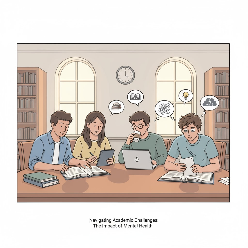 A group of students studying in a library, with one looking a bit distracted, representing academic difficulties due to depression Students with academic difficulties caused by depression in a library