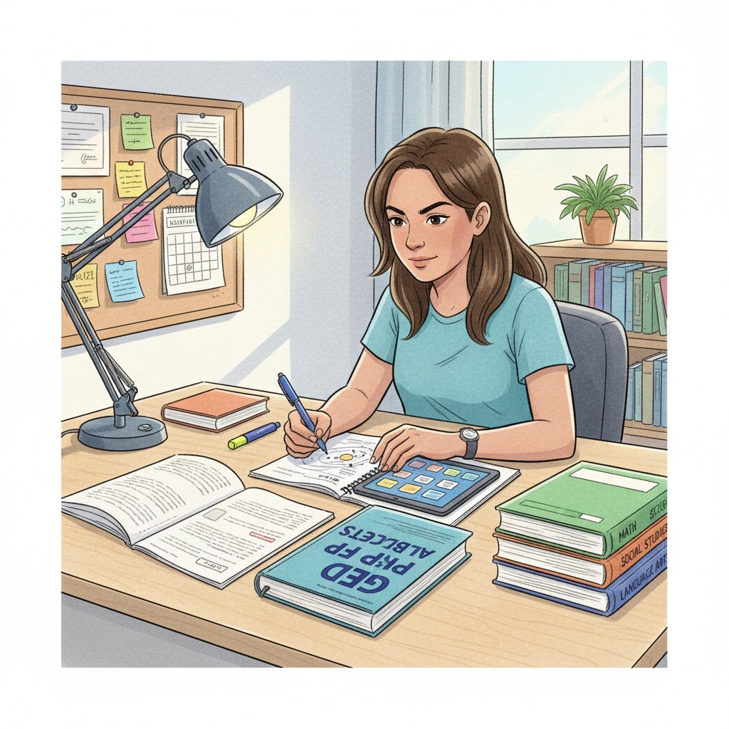 A student sitting at a desk, studying GED materials, looking determined Determined student studying GED materials