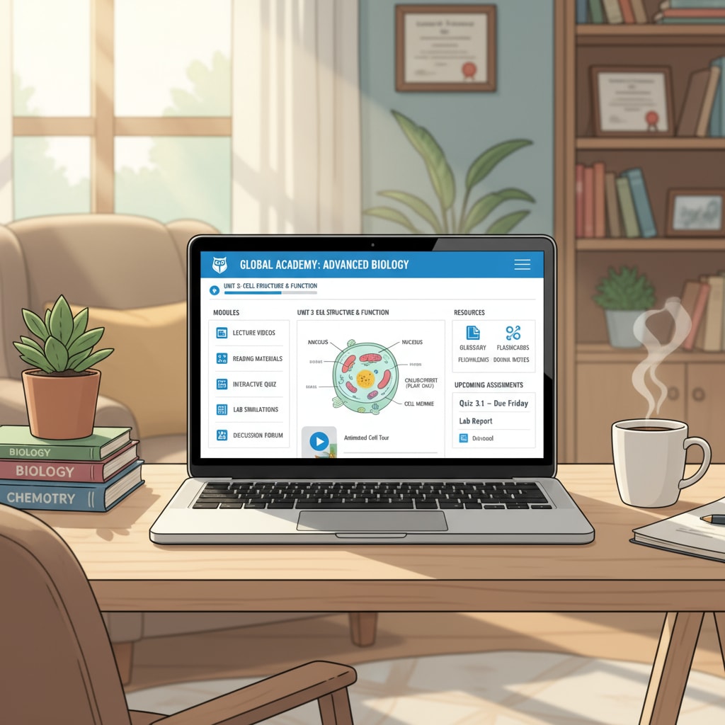 A young entrepreneur is sitting in a comfortable home office, in front of a laptop. The screen shows an interface of an online high school course, with various study materials and interactive elements visible. A young entrepreneur engaged in online high school education for career security