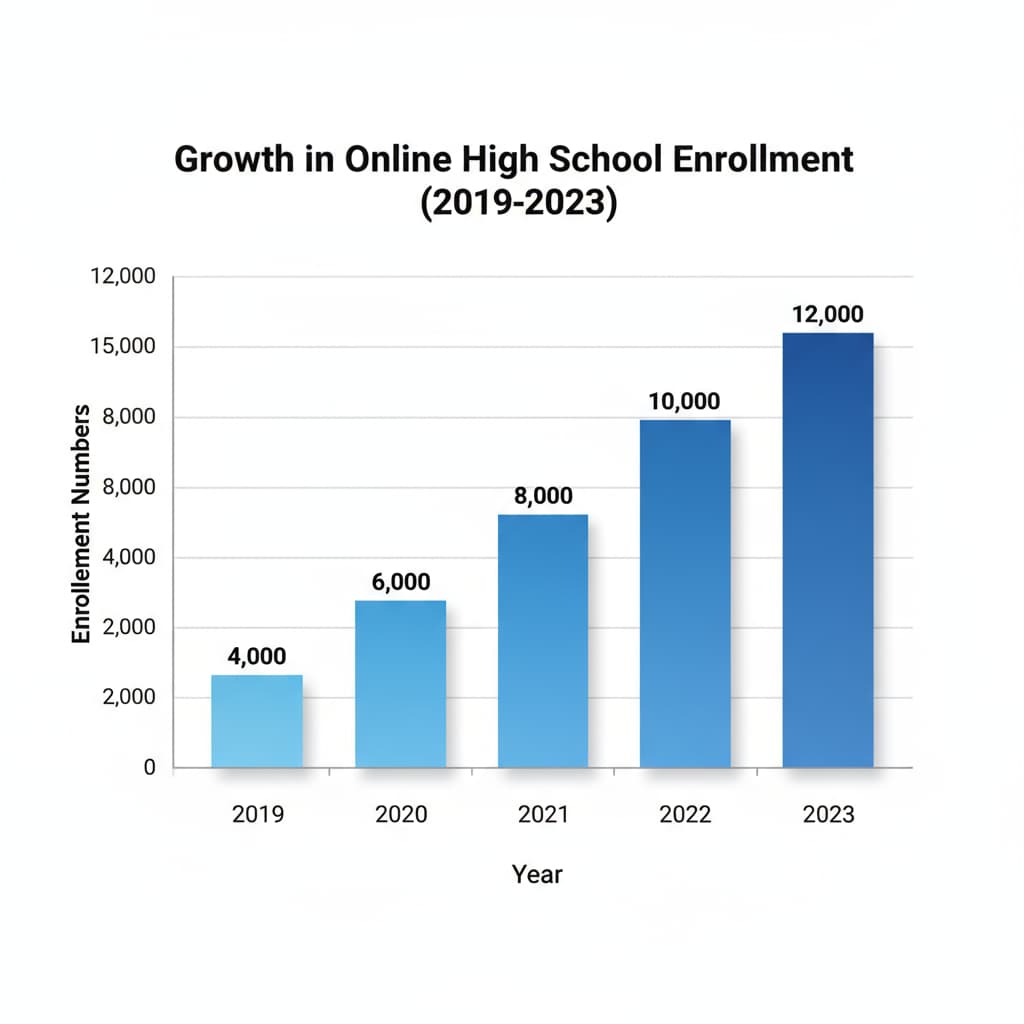 A bar graph displays the increasing number of students enrolling in online high school programs over the past five years. The x-axis represents the years, and the y-axis shows the enrollment numbers. Graph showing the growth of online high school enrollment relevant to career security through online education