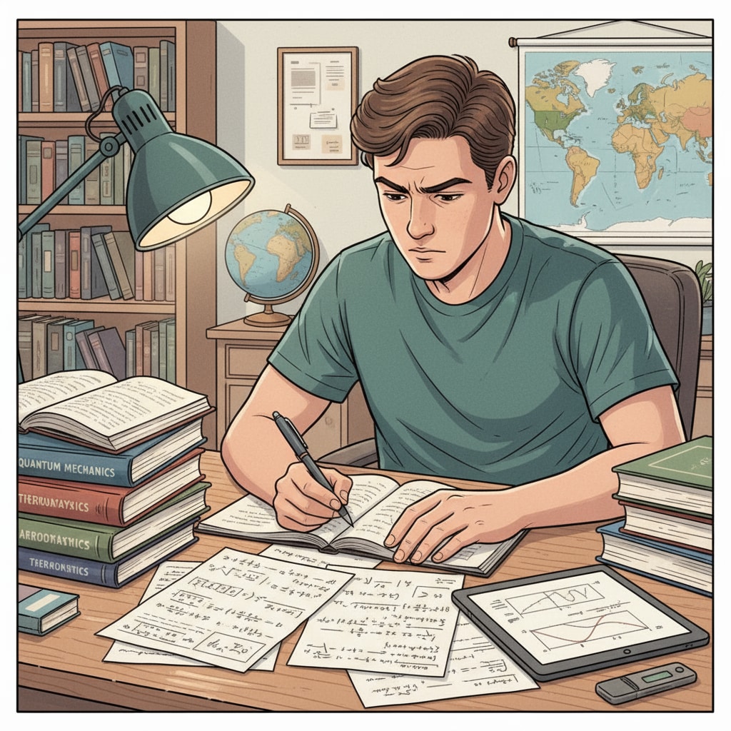 A student sitting at a desk, concentrating on theoretical study materials such as textbooks and notes, with a determined look on their face. A student with attention deficit focusing on theoretical study materials