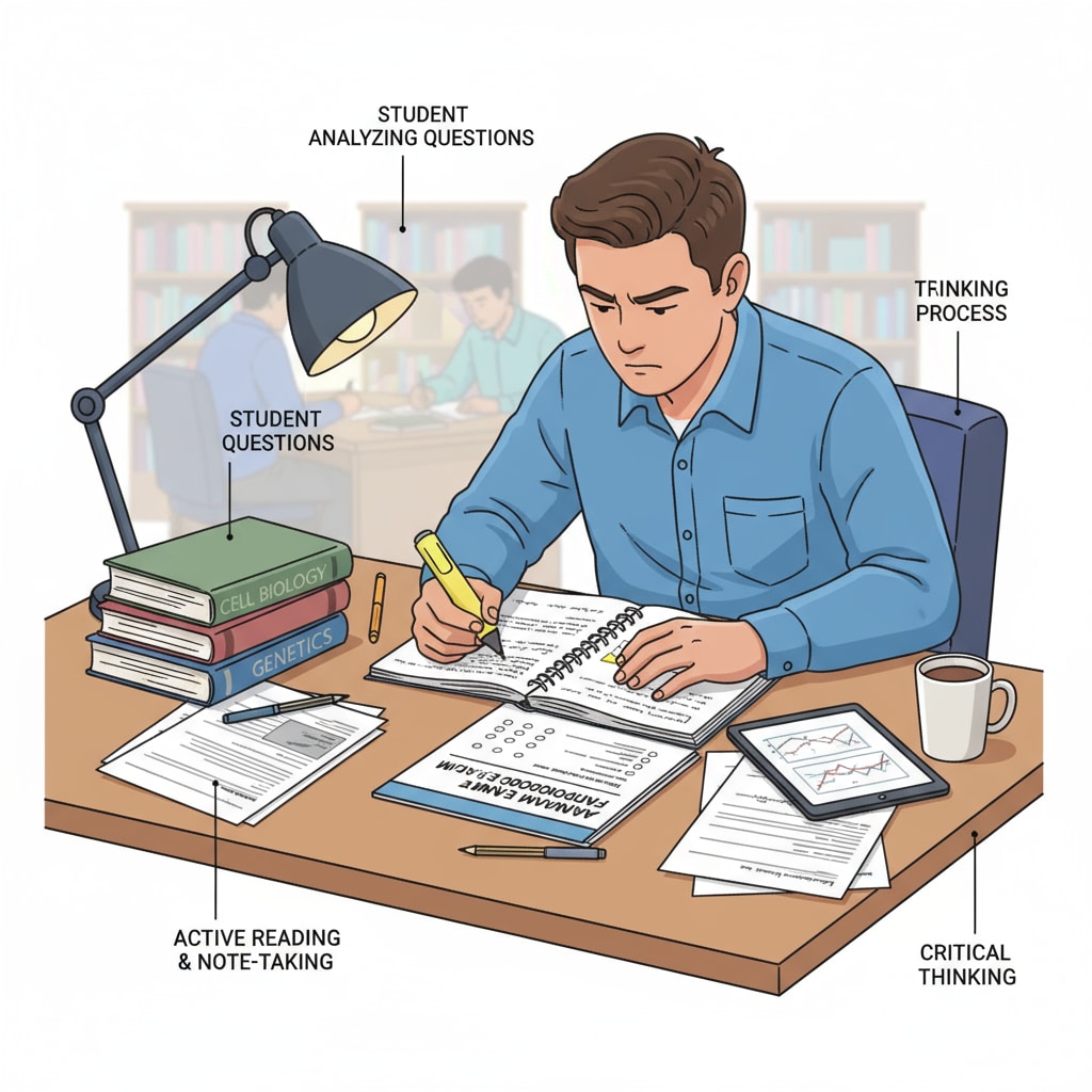 A student is sitting at a table, carefully analyzing exam questions, writing notes, and highlighting important points. A student analyzing exam questions as part of the reverse learning path