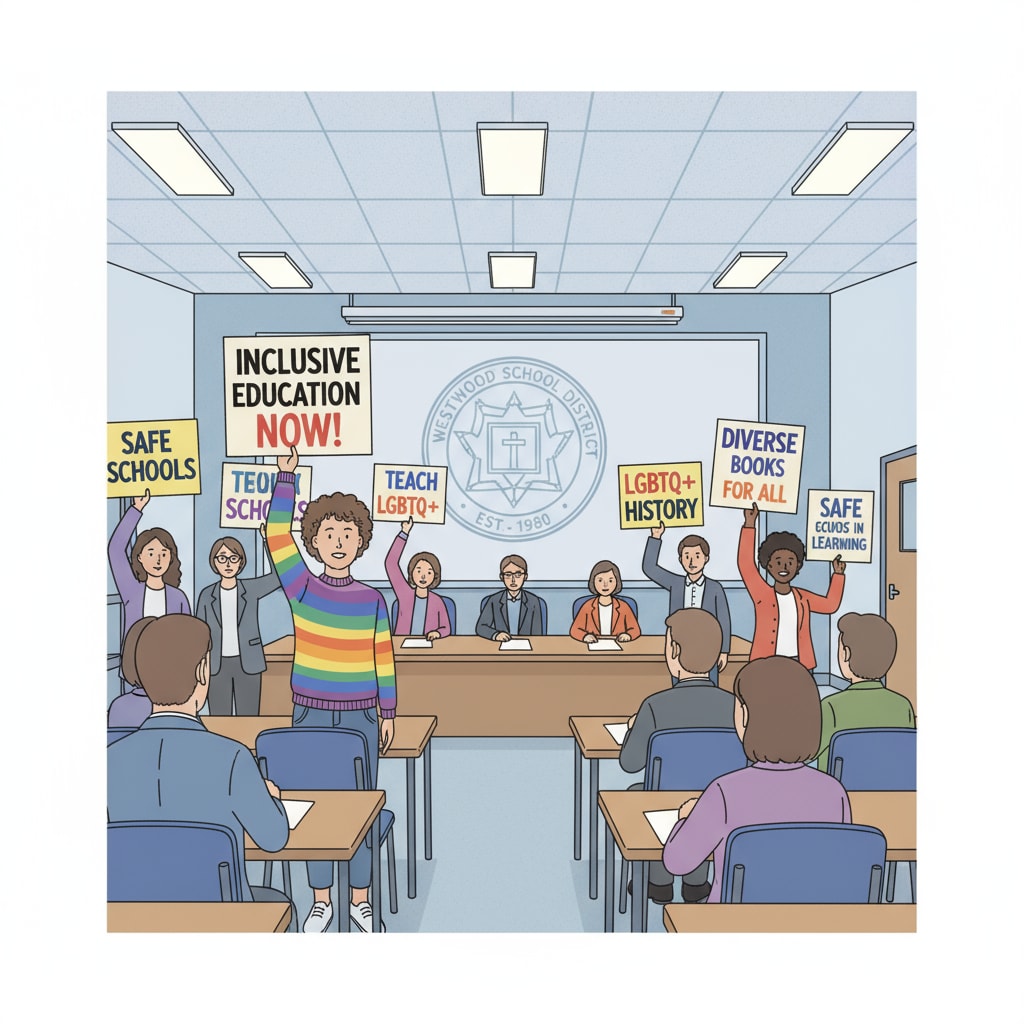 A group of LGBTQ+ individuals holding signs related to inclusive education at a school board meeting. LGBTQ+ individuals advocating for inclusive education at a school board meeting.