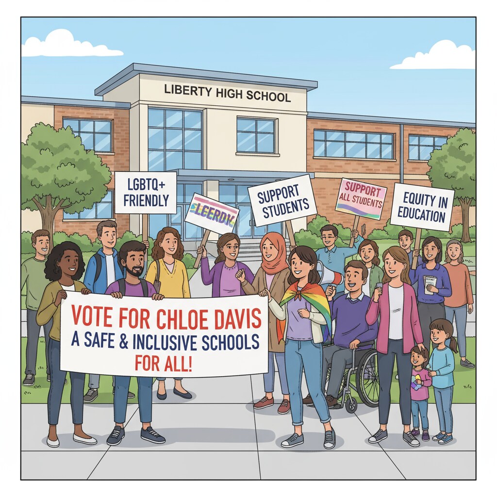 A diverse group of people campaigning for an LGBTQ+ - friendly school board candidate. People campaigning for an LGBTQ+ - friendly school board candidate.