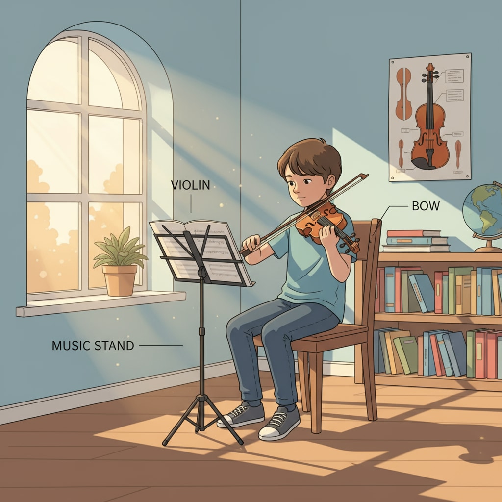 A student is sitting in a room, focused on practicing the violin. The light streams in through the window, creating a peaceful atmosphere. A student practicing the violin, which sometimes leads to misunderstandings due to its sound similarity to crying.