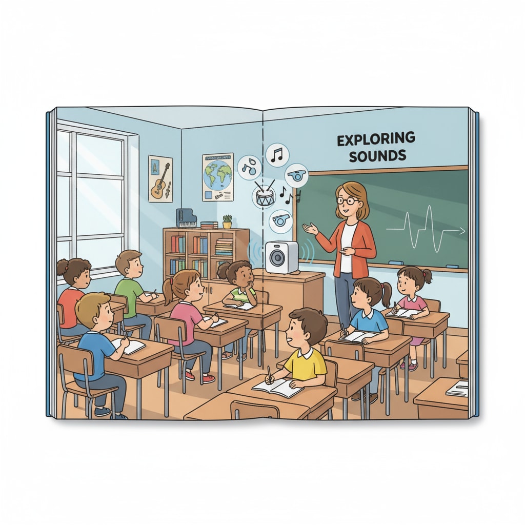 A classroom full of students is listening intently as the teacher plays different musical sounds on a speaker. The students have curious expressions on their faces. Students in a K12 classroom listening to various sounds to improve their sound recognition, which is related to the violin - crying sound misunderstanding.