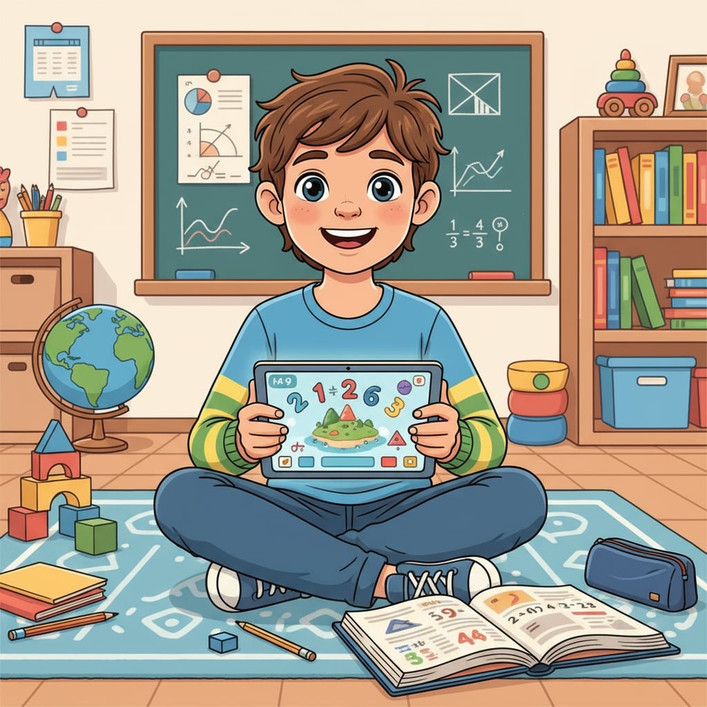 A child smiling while playing a math learning game on a tablet A child enjoying a math learning program on a tablet