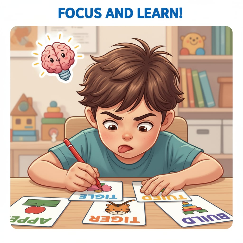 A child with ADHD is sitting at a table, concentrating on spelling words using colorful flashcards. The child seems engaged in the task. A child with ADHD focusing on spelling words with flashcards