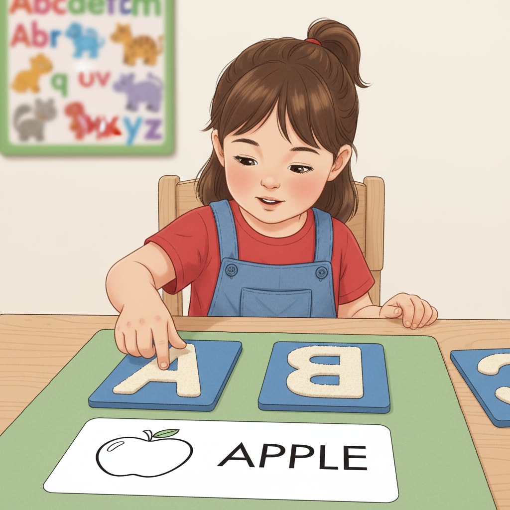 A child is using sandpaper letters to trace and learn the shape and spelling of letters. The child's hand is carefully following the outline of the letter. A child using sandpaper letters for spelling learning