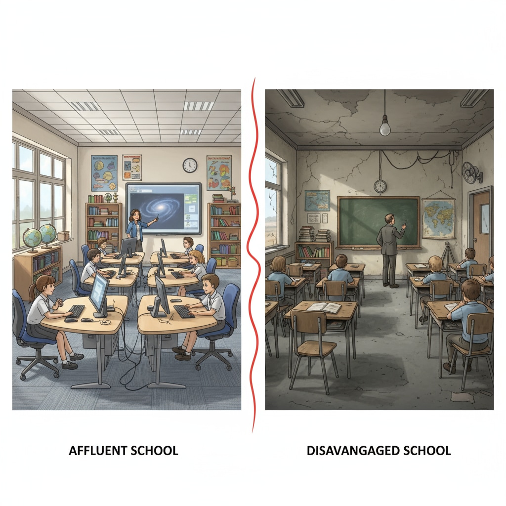 A side - by - side comparison showing a well - equipped classroom in an affluent school with modern desks, computers, and a projection screen, and a classroom in a disadvantaged school with old, rickety desks, no technological equipment, and peeling walls. A comparison of educational resources in affluent and disadvantaged schools in South Africa related to education inequality, resource allocation, and curriculum reform