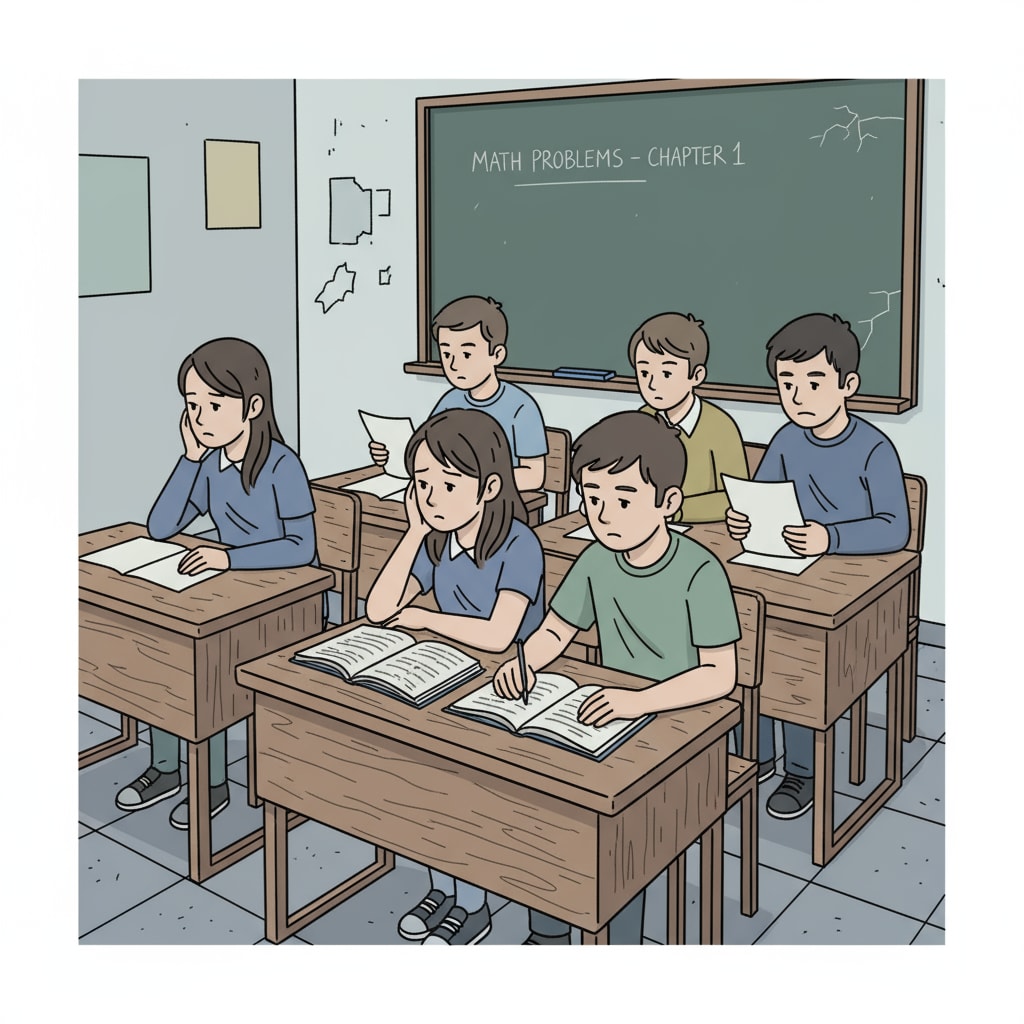 A group of students in a disadvantaged school sitting at worn - out desks, with few textbooks in sight, looking a bit disheartened as they try to study. Students in a disadvantaged school lacking learning resources in the context of education inequality, resource allocation, and curriculum reform