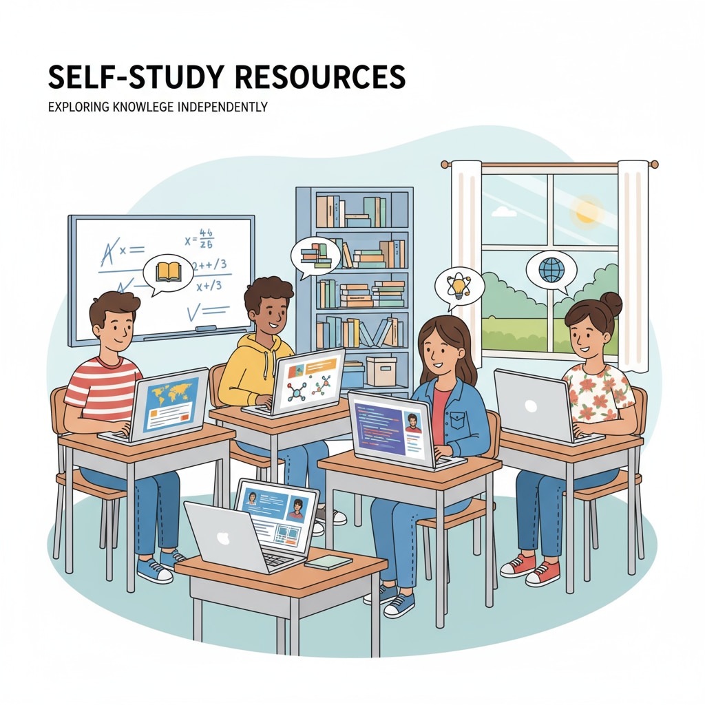 A group of adolescents are shown sitting at desks, looking at laptops with various educational websites open, indicating their use of self-study resources. Adolescents using self-study resources for educational improvement related to GCSE courses
