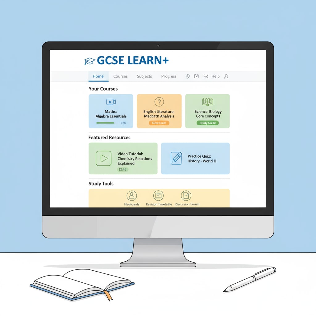 A computer screen displays the homepage of an online learning platform filled with GCSE course materials such as video tutorials, practice quizzes, and study guides. Online learning platform with GCSE course materials for self-study by educationally deprived adolescents