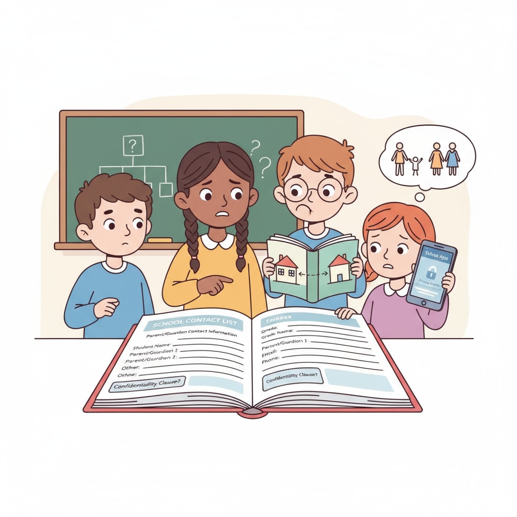 A group of children looking worried, perhaps due to privacy issues related to their divorced families in school contact lists Children showing concern about privacy breach in school contact lists regarding divorced families