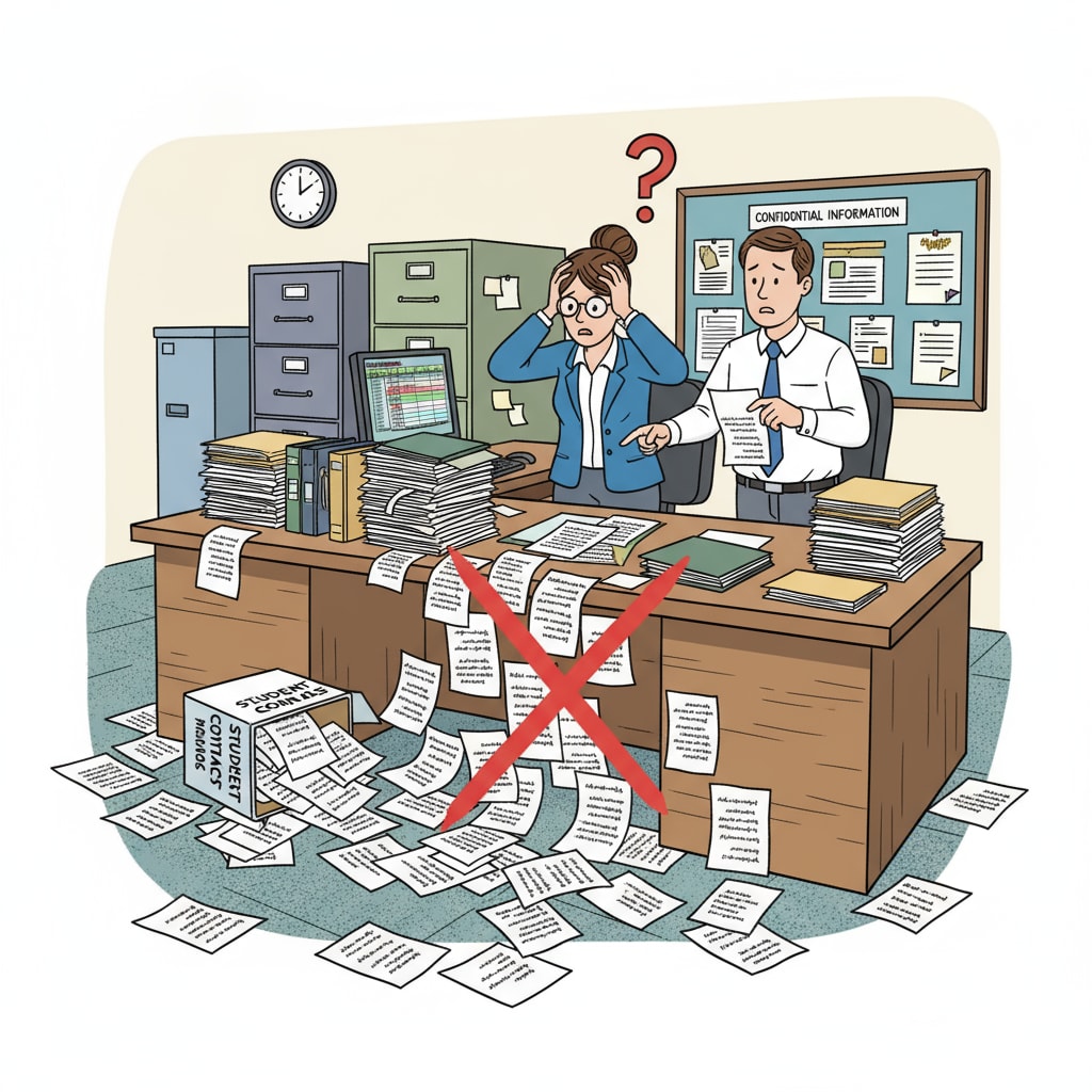 A school office with papers scattered, symbolizing a possible error in handling contact list information A chaotic school office scene indicating a potential mistake in contact list handling