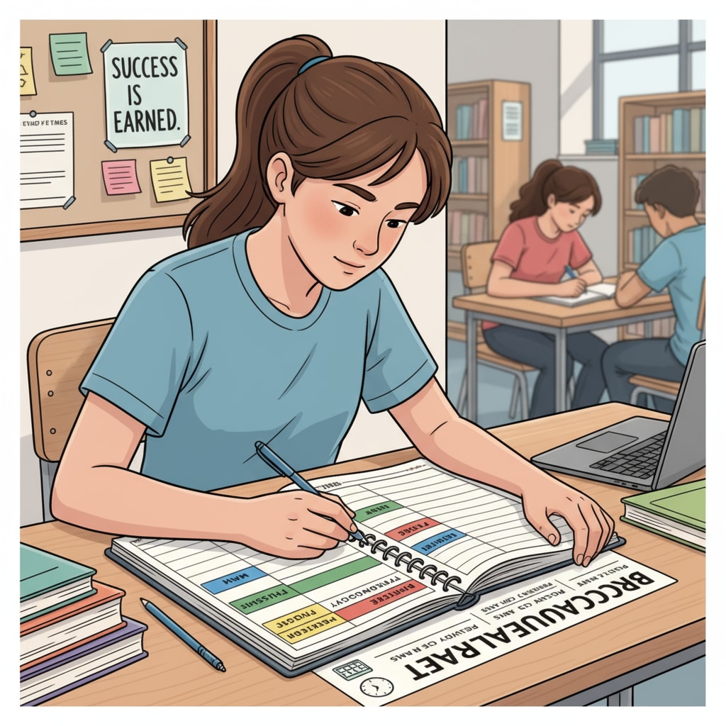 A student is carefully writing in a planner, marking study times for different subjects and baccalauréat preparation. A high school student managing study time for baccalauréat and current studies using a planner