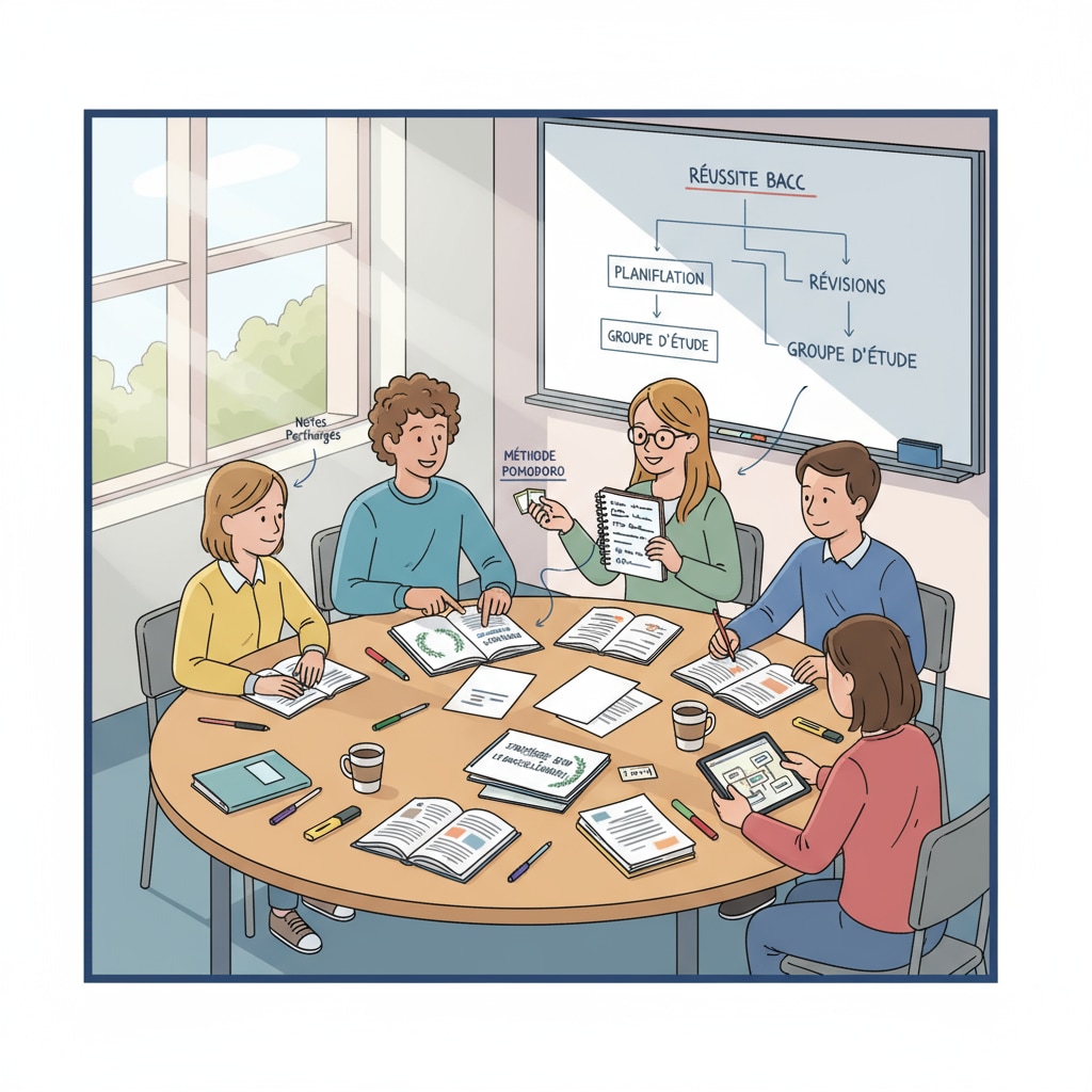 A group of students are sitting around a table, discussing study strategies for the baccalauréat and sharing notes related to their current coursework. High school students discussing baccalauréat study strategies and current academic work in a study group