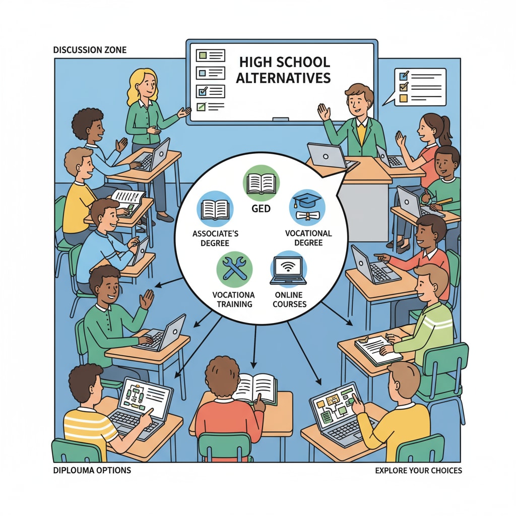 Students are engaged in a discussion about different high school diploma alternative options in a classroom setting, with books and laptops on the desks. Students discussing high school diploma alternatives including options beyond GED.