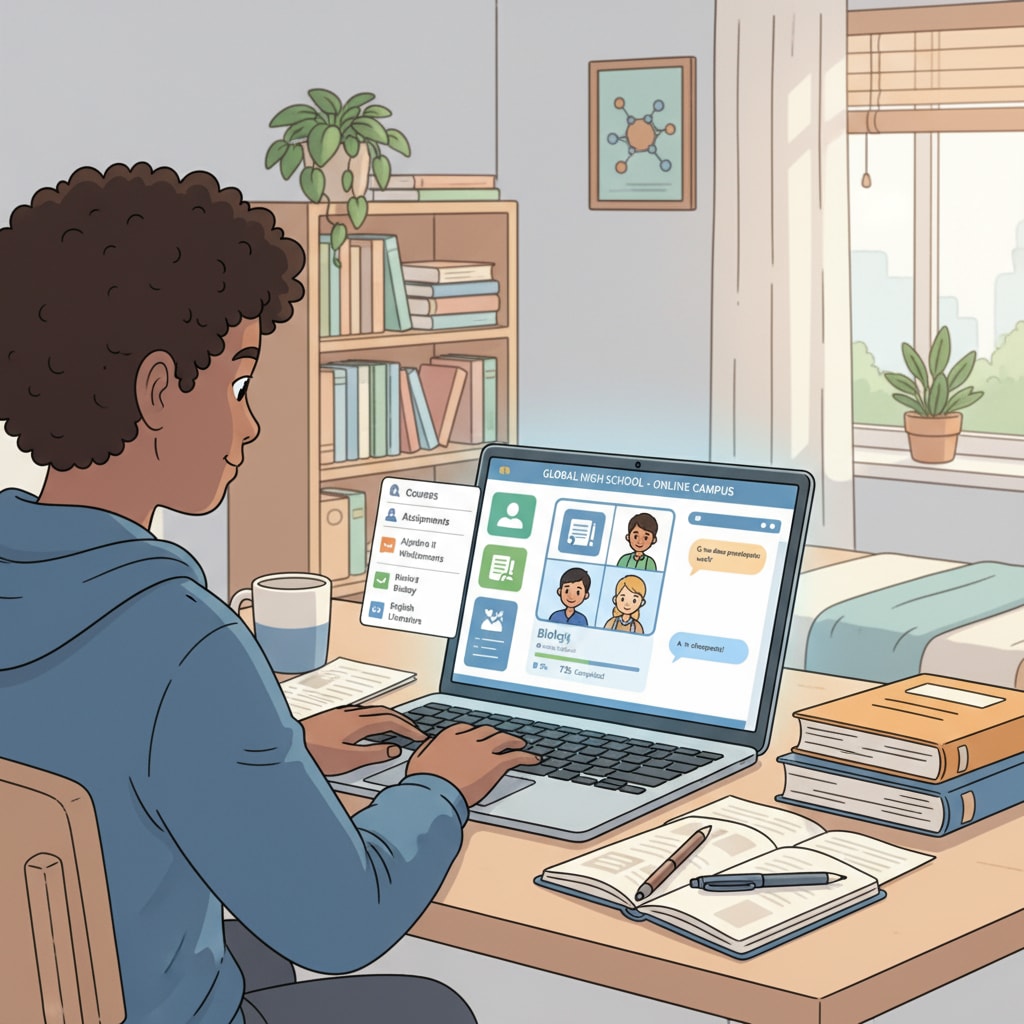 A student is shown concentrating on a laptop, depicting the online high school learning environment, with educational software open on the screen. Student studying in an online high school as an alternative to traditional high school for obtaining a diploma.