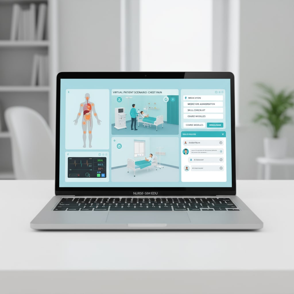 A student is studying nursing courses on a laptop with virtual simulation interfaces visible, representing the modern approach of online nursing education. Online nursing education with virtual simulations