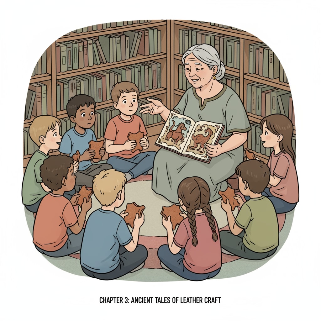 A group of children are gathered around a storyteller, listening intently as they hold small pieces of leather. The storyteller is using a picture book to tell a leather - related fairy tale. Children listening to a leather - related fairy tale while holding leather pieces