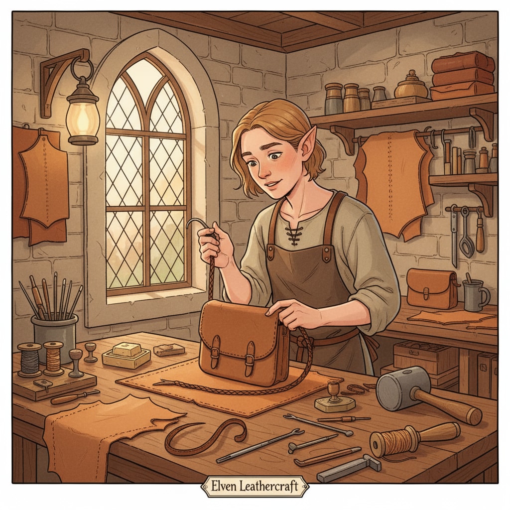 A hand - drawn illustration shows an elf inside a small, cozy leather workshop. There are leather tools like awls, needles, and pieces of leather scattered around. The elf is looking curiously at a leather - working project. An elf in a leather workshop with leather tools and materials
