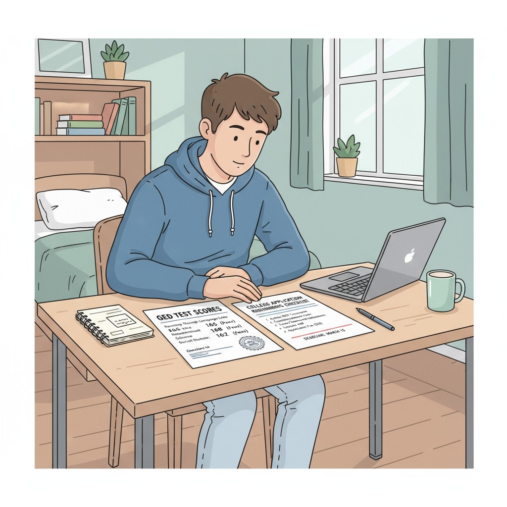 A student is sitting at a desk, carefully reviewing their GED test scores and a list of college application requirements. Student reviewing GED test scores and four-year college admission requirements