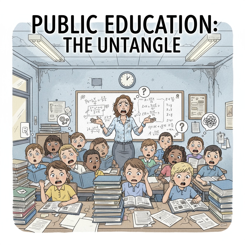 A classroom scene showing students with confused expressions and a teacher looking stressed, indicating the challenges in the public education system. Classroom scene depicting public education, parent complaints, and teacher dilemmas