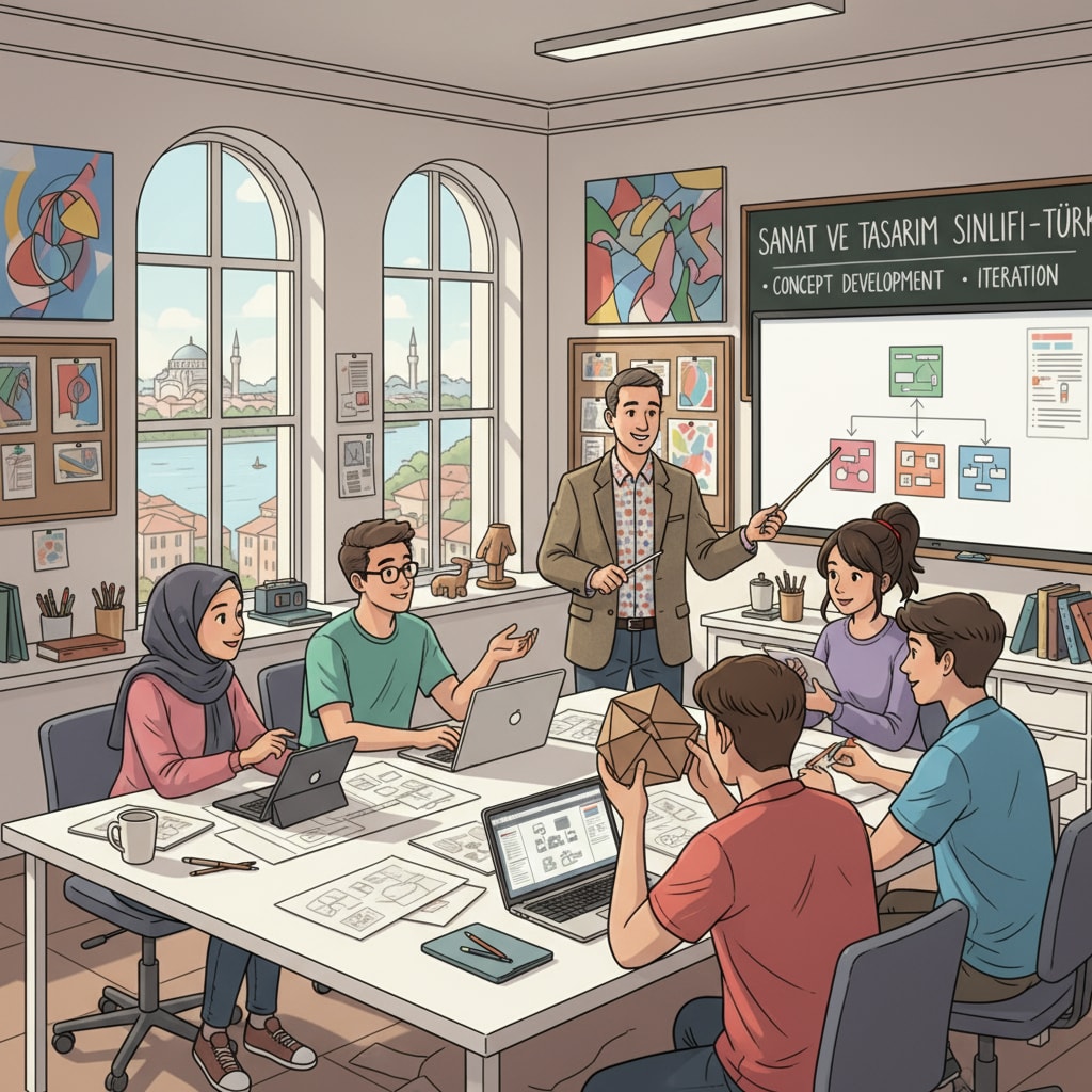 Students in an art design class in Turkey, discussing design concepts and ideas Indian artists studying art and design in a Turkish classroom through an English-taught program