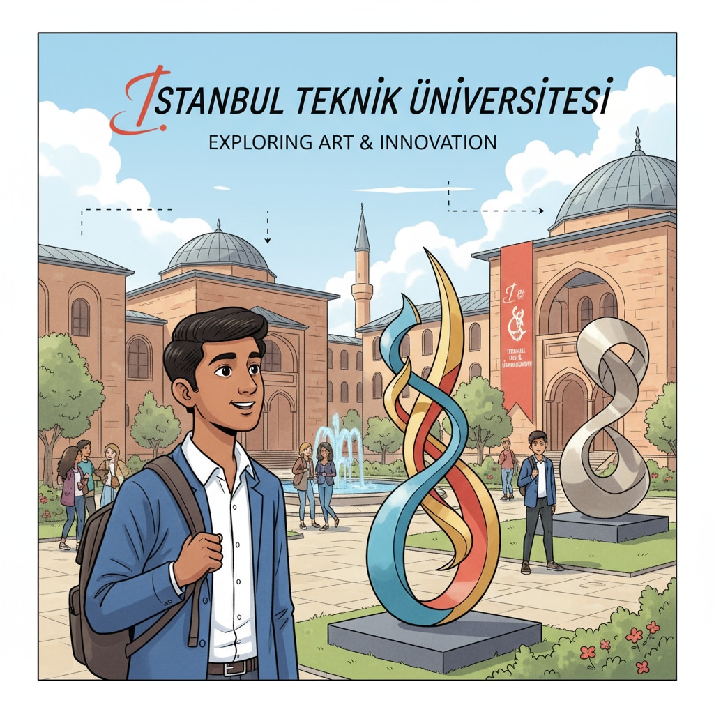 An Indian student exploring the campus of a Turkish university, looking at art installations Indian artist exploring the campus of a Turkish university as part of their art and design education journey