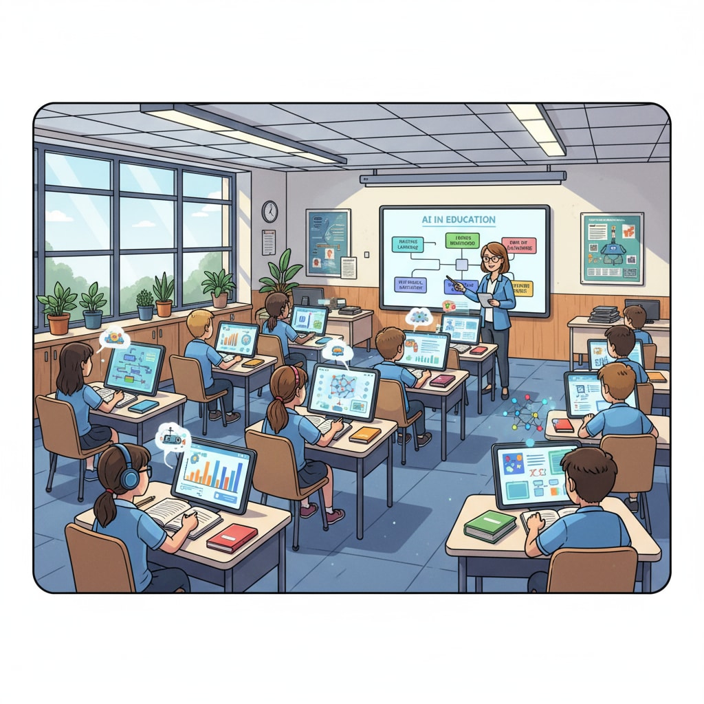 Students are sitting at their desks in a modern classroom. There are books and tablets with AI - related teaching materials on their desks, indicating an AI - integrated learning environment. Students in a modern classroom with AI - related teaching materials for AI courses, prompt writing, and future education