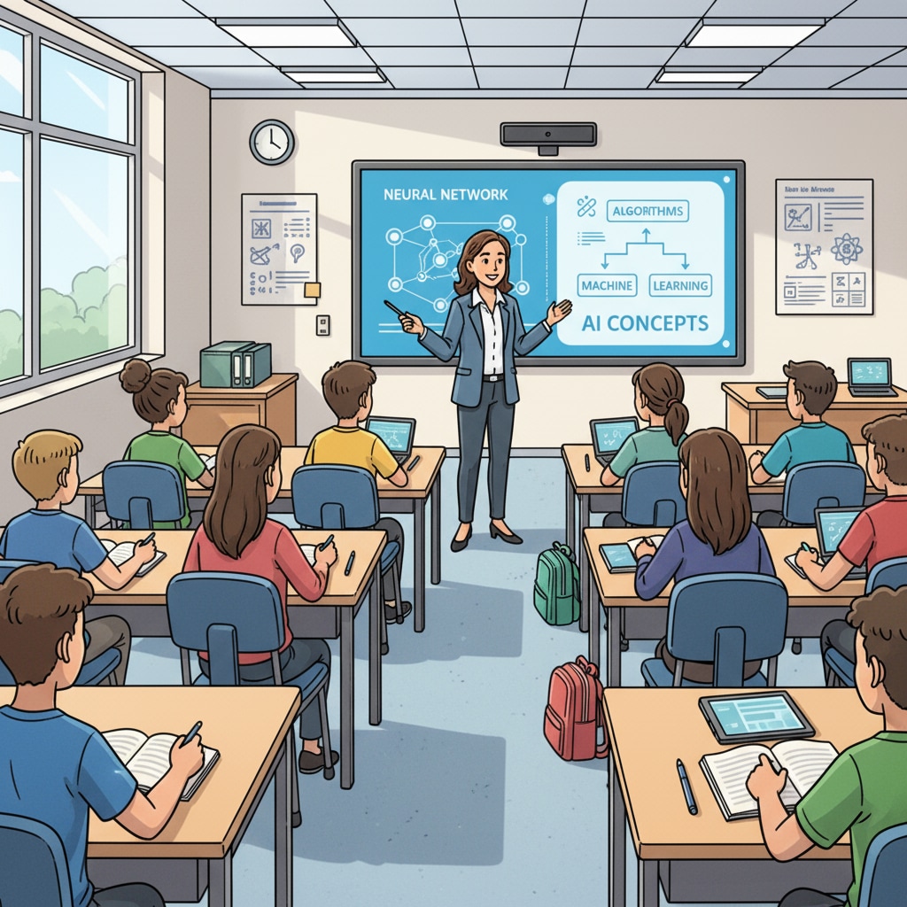 A teacher is standing in front of a smart board in a classroom. The board shows AI - related concepts such as neural networks and algorithms. The teacher is explaining these concepts to a group of attentive students. A teacher explaining AI concepts on a smart board for AI courses, prompt writing, and future education