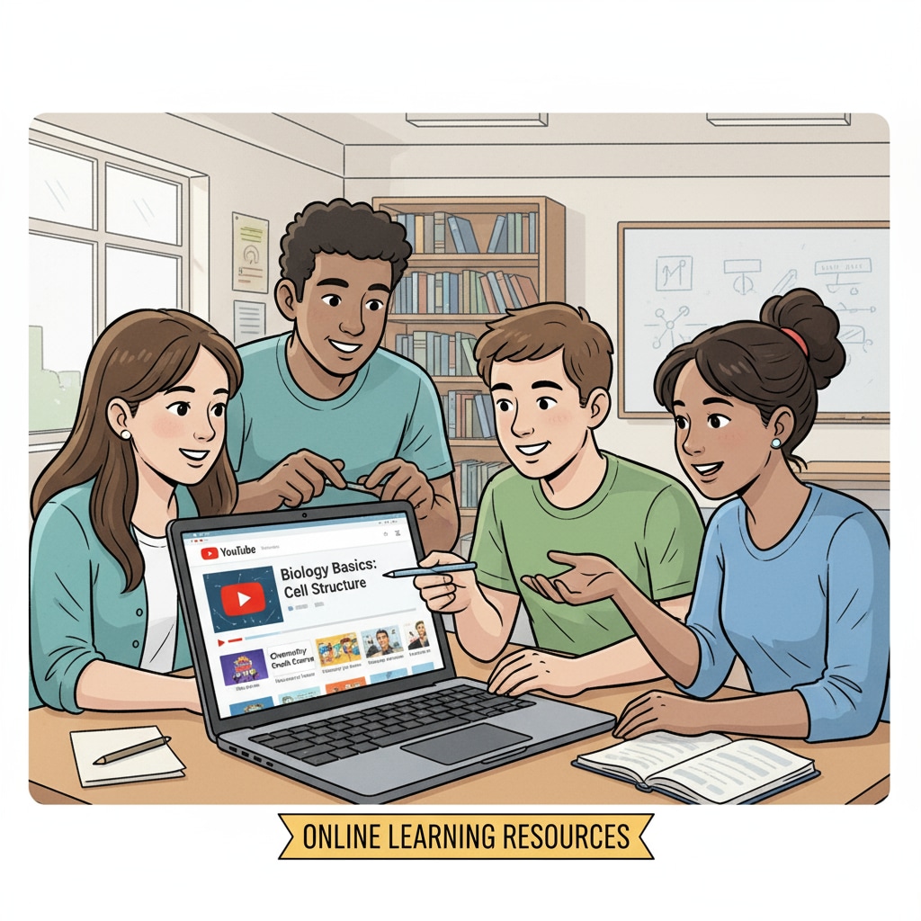 A group of students are gathered around a laptop, watching educational videos on YouTube, showing the utilization of online learning resources. Students using YouTube for online learning with subject teaching resources