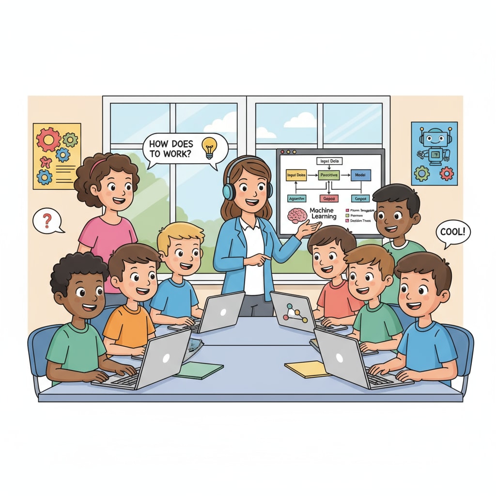 A group of K12 students are gathered around laptops, with excited expressions on their faces as they are introduced to basic AI concepts like machine learning algorithms. K12 students learning AI concepts for future competitiveness