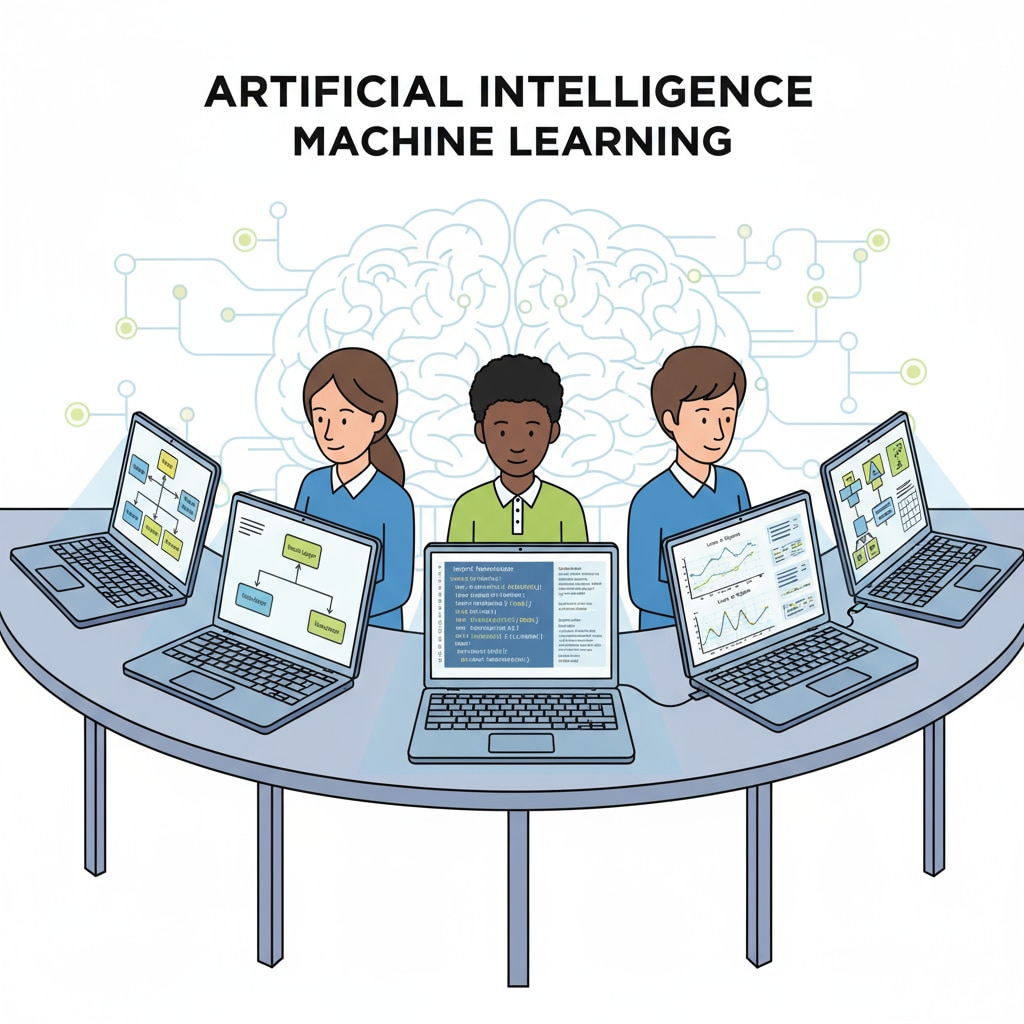 Students are attentively looking at their laptops, studying AI algorithms. There are code snippets and graphs visible on the screens, indicating their in-depth learning of AI. K12 students engaged in learning AI algorithms through ZynTiQ's courses