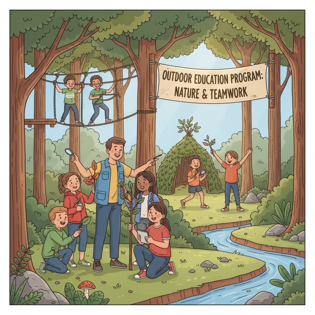 A group of students are engaged in an outdoor activity at a camp, learning about nature and teamwork as part of an outdoor education program. Students participating in an outdoor education activity related to school contracts with Camp Ramah