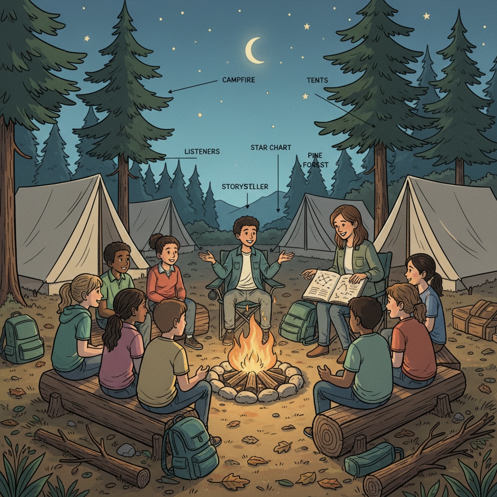 Students are sitting around a campfire, sharing stories and learning during an outdoor education session at a camp. Students enjoying an outdoor education campfire session in the context of school contracts and Camp Ramah