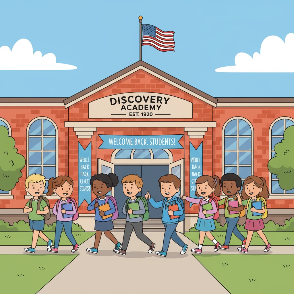 A group of students walking into a public school building, showing the entrance and the excited faces of the students. Students entering a public school during a school visit for educational choices.