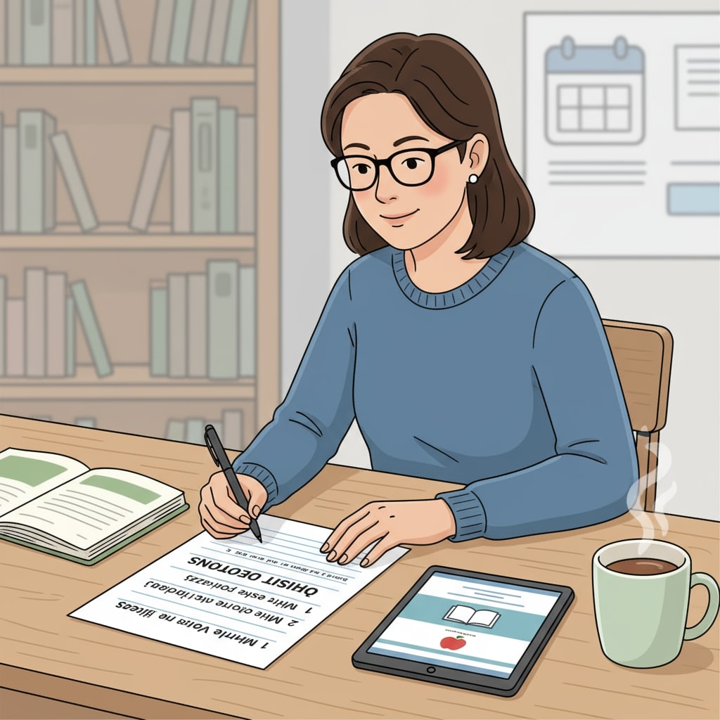 A parent sitting at a table, writing down a list of questions related to a school visit, with a pen and paper in hand. Parent preparing questions for a public school visit as part of the educational choice process.