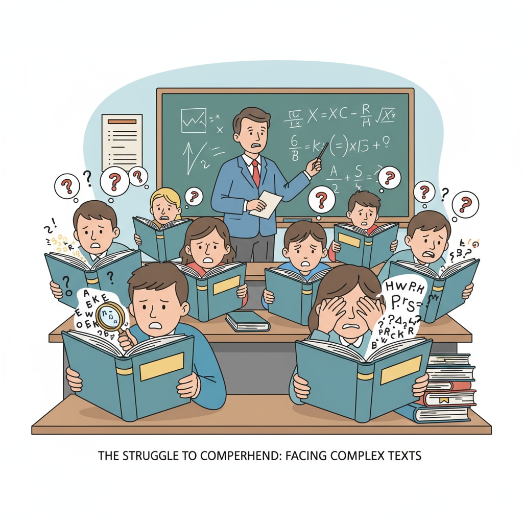 A classroom scene with students looking confused while trying to read textbooks, highlighting the struggle with reading. Students in a classroom struggling with reading materials related to literacy rate, democracy, and reading ability