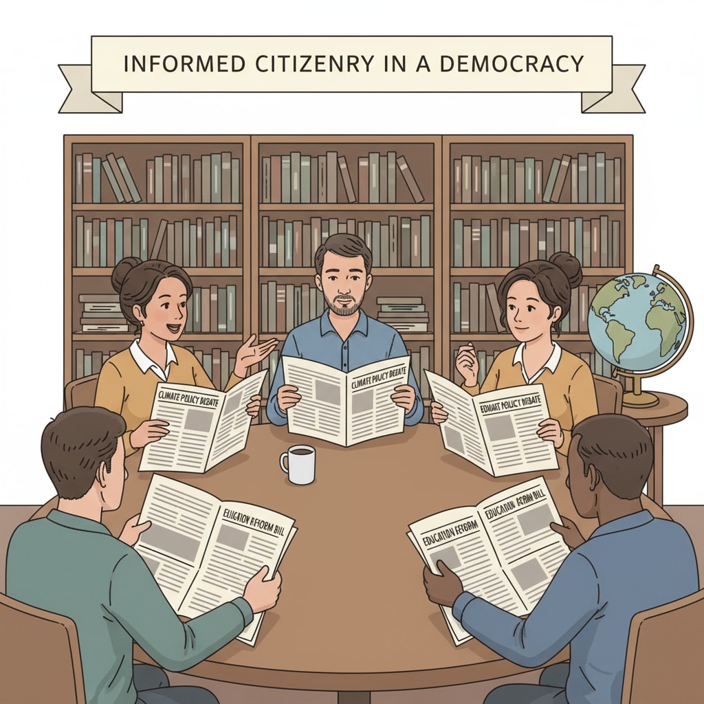 A group of people sitting around a table, reading newspapers and engaged in a lively discussion about public issues, symbolizing an informed citizenry in a democracy. People reading and discussing public issues to show the connection between literacy rate, democracy, and reading ability